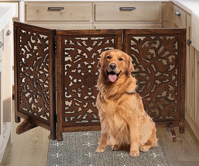 Freestanding Pet Gate for Dogs, Foldable Wooden Dog Gate for House, Indoor Dog Gate for Stair, Doorway, Circle Design Gates for Dogs Indoor, 48 Inch Wide, (16" x3 Panels =48 inch), Burnt Finish