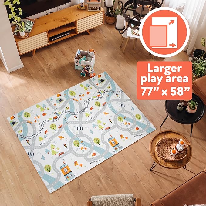 Nuby Reversible Baby Floor Mat - Foldable and Lightweight Foam Infant Play Mat - 77" x 58" - Easy Storage and Travel - Car Tracks/Alphabet