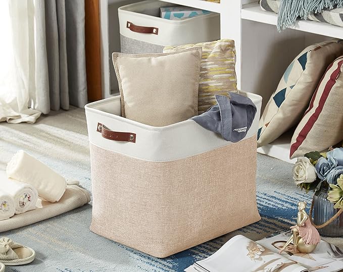 DECOMOMO Extra Large Storage Baskets, 54.5L Fabric Storage Bins for Organizing Linen Closet, Nursery (Khaki & White, XXXL - 3 pack)