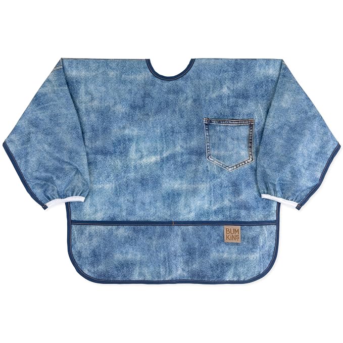Bumkins Sleeved Bib for Girl or Boy, Baby and Toddler for 6-24 Mos, Essential Must Have for Eating, Feeding, Baby Led Weaning Supplies, Long Sleeve Mess Saving Food Catcher, Soft Fabric, Faux Denim