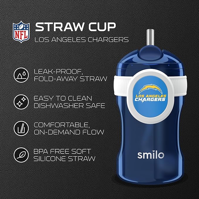 Smilo Straw Cup - Los Angeles Chargers Officially Licensed NFL Sippy Cup - Baby and Toddler Cup with Weighted Silicone Straw and 8.5 oz Capacity - BPA-Free