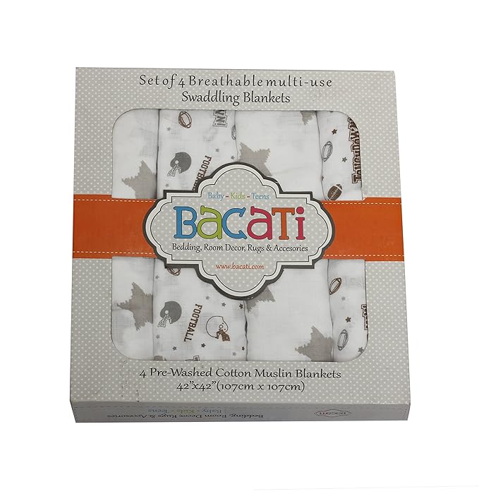 Bacati - 4 Pack Sports Baby Swaddle Blankets Boys Swaddle Wrap Soft Breathable Cotton Muslin Swaddle Blankets Receiving Blanket for Boys, Large 45 x 45 inches (Football Brown/Grey)