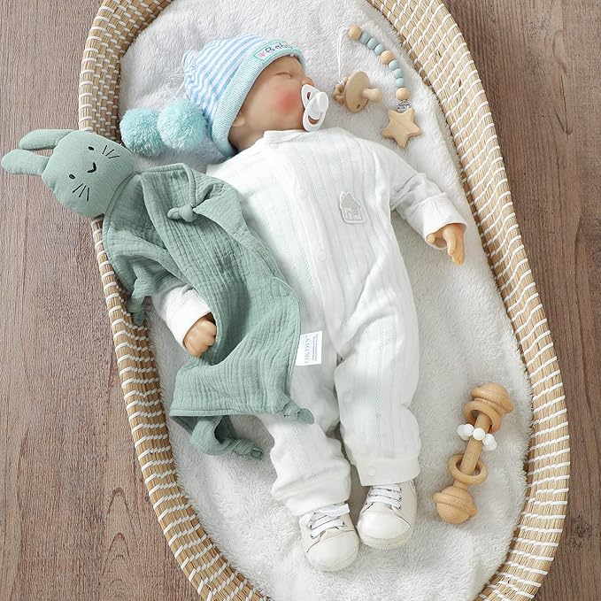 Organic Cotton Bunny Loveys for Babies,Newborn Baby Lovey Security Blanket,Lovies for Babies New Born Baby Unique Neutral Gifts Boys and Girls (Bunny-Green)