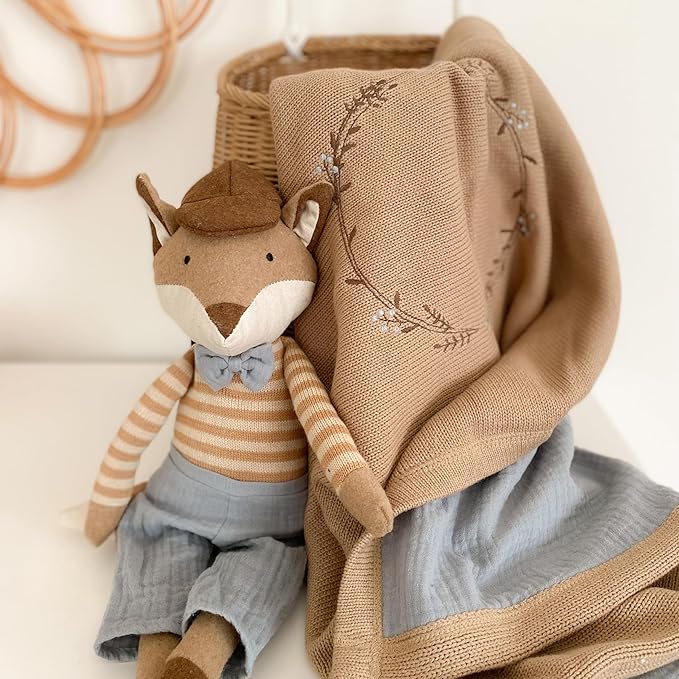 MON AMI 40-Inch Wreath Embroidered Double-Sided Blanket | 100% Cotton Brown Throw with Crinkle Muslin Backing | Soft, Lightweight & Machine Washable | Nursery & Gift Essential