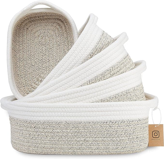 NaturalCozy 5-Piece Rectangle Storage Basket Set- Natural Cotton Rope Woven Baskets for Organizing! Small Basket for Montessori, Baby Nursery, Dog Toy Baskets, Cat Toy Box, Bathroom Organization Bin