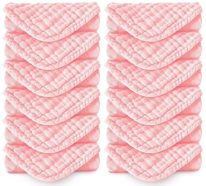 Spotted Play Muslin Burp Cloths 100% Cotton Large 20''x10'' Extra Soft and Absorbent Baby Wash Cloths Spit Up Rags - Baby Burping Cloth for Boys Girls Items(12 Pack Pink)