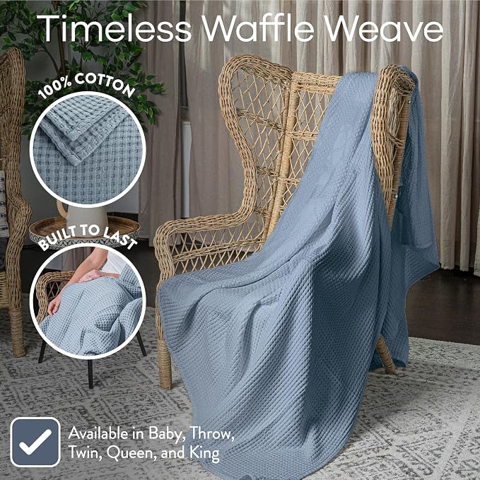 Comfy Cubs Waffle Blanket Queen, 90" x 90" - 100% Cotton Lightweight Breathable Bed Blanket - Soft Textured Thermal Weave for All Seasons – Decorative Cozy Layer for Couch, Sofa, or Bed - Pacific Blue