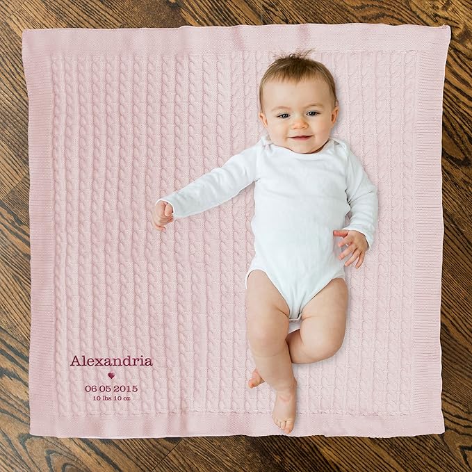 WEDDINGSTAR Custom Embroidery Cotton Cable Knit Baby Blanket Pastel Pink - Heart