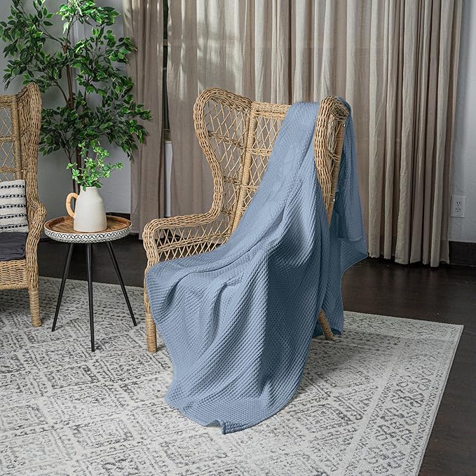 Comfy Cubs 100% Cotton Waffle Weave Throw Blanket Breathable Skin-Friendly Soft Lightweight Blankets - Perfect Warm Textured Blanket Layer - Size for Couch Bed & Sofa (Pacific Blue, 50" X 60")