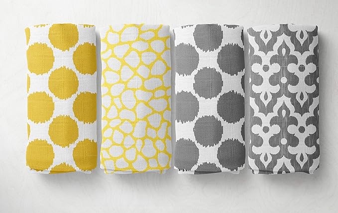 Bacati - 4 Pack Unisex Baby Swaddle Blanket Breathable Swaddle Wrap Soft Cotton Muslin Receiving Blanket for Boys or Girls, Large 45 x 45 inches (Ikat Dots/Giraffe, Yellow/Grey)