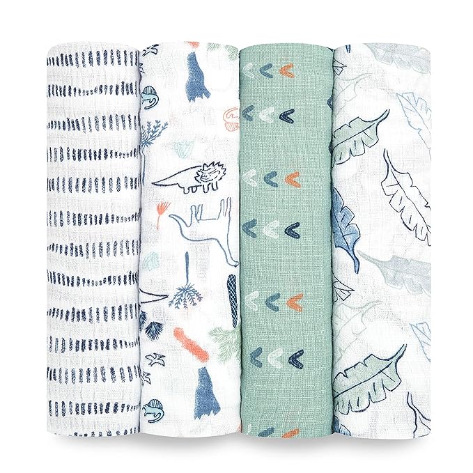 aden + anais Essentials Swaddle Blanket, Muslin Blankets for Girls & Boys, Baby Receiving Swaddles, Newborn Gifts, Infant Shower Items, Wearable Swaddling Set, 4 Pk, Dinotime