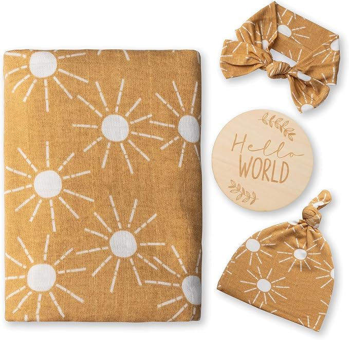 Miaoberry 100% Organic Sunshine Baby Muslin Swaddle Blankets for Boy or Girl with Hat and Wooden Hello World Newborn Sign, Gender Neutral Newborn Photography Outfits, Unisex Birth Announcement Sign