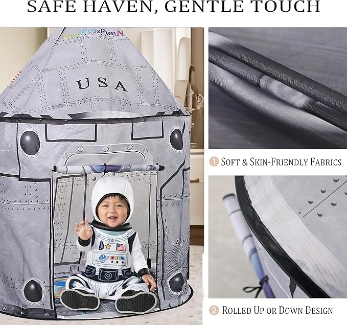 LimitlessFunN 4pc Space Rocket Ship Kids Pop Up Play Tent, Crawl Tunnel, Ball Pit | Includes Star Lights & Carrying Case |, Children Indoor Castle Playhouse for Boys, Toddlers, 47" D x 126" W x 53" H