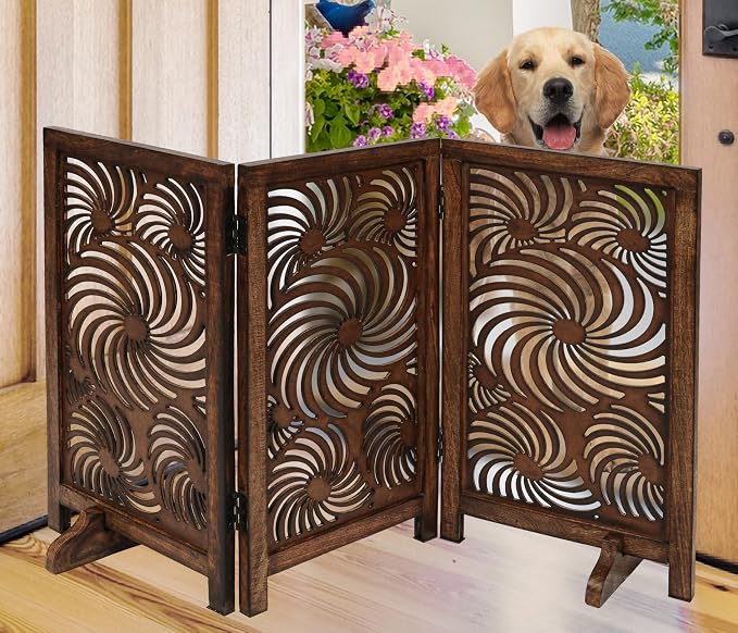 Freestanding Pet Gate for Dogs, Foldable Wooden Dog Gate for House, Indoor Dog Gate for Stair, Doorway, Sun Flower Design Gates for Dogs Indoor, 48 Inch Wide, (16" x3 Panels =48 inch), Burnt Finish