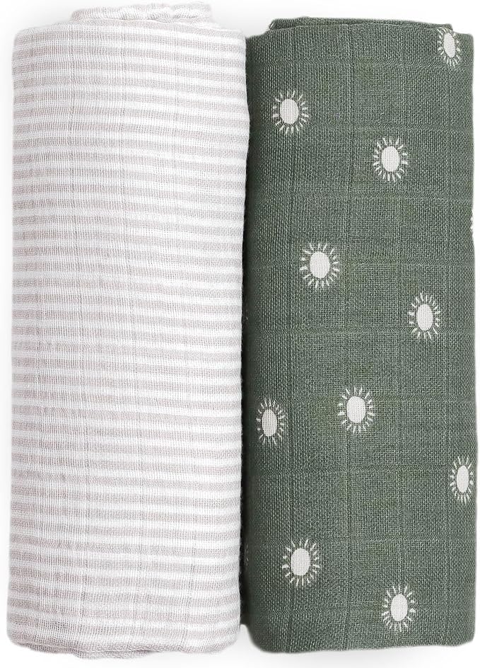 Little Unicorn 100% Certified Natural Organic Cotton Muslin Swaddle Blanket 2 Pack | Giftable Set of 2 swaddles (Sage Suns)