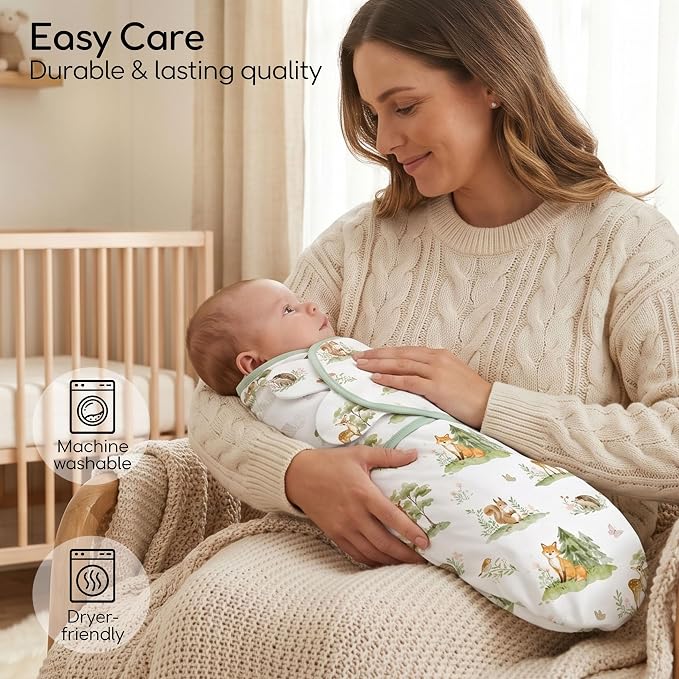 Baby Swaddles for Newborn Organic Cotton, Soft & Snug Velcro Swaddle 0-3 Months Sleep Sack Helps Calm Startle Reflex, 2-Pack Wrap Nursery Swaddling Green Jungle Animals
