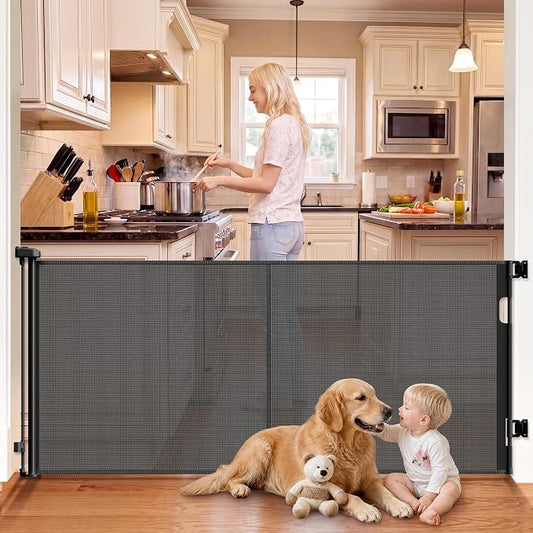 Reinforced Retractable Dog Gate 70” Extra Wide Baby Gate | with Support Rods to Prevent Bottom Escape, Retractable Mesh Baby Gates for Doorways, Stairs, Hallways, Decks, Indoor/Outdoor