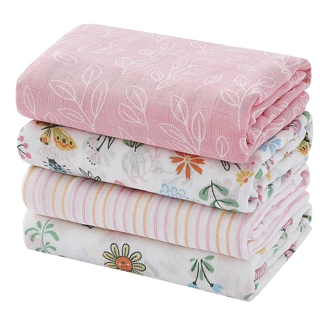 Softan Swaddle Blanket, 47x47 in Muslin Swaddle Receiving Blanket for Newborns, Breathable & Soft, 4 Pack Yellow Flower
