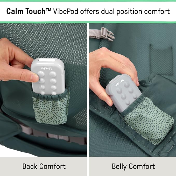 Ingenuity Stow & Go Compact Folding Baby Bouncer, Lightweight Portable Seat with Vibration, Green, Under 5 lbs