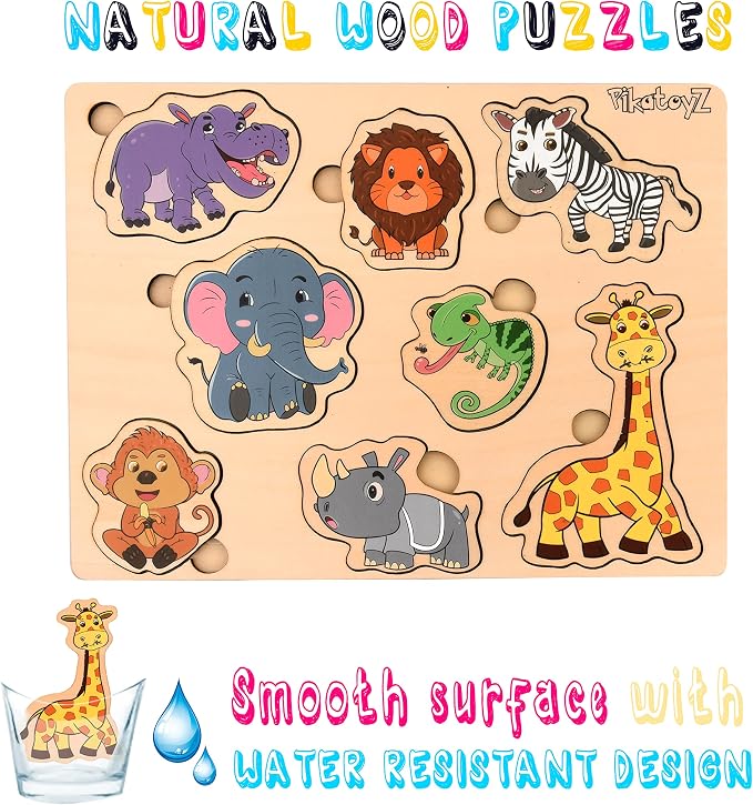 Pikatoyz® Wooden Puzzles for Toddlers 1-3 – Montessori Educational and Learning Toys – Wooden Baby Puzzle for Kids 1 Year and Up – Developmental Toys – Baby Puzzles for Early Learning