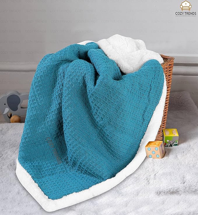 Luxurious Cotton Unisex Baby Boy Girl Blanket Waffle Weave with Sherpa Backing Soft Cozy 30''x40'' Receiving Crib Stroller Nap Blanket (Teal)