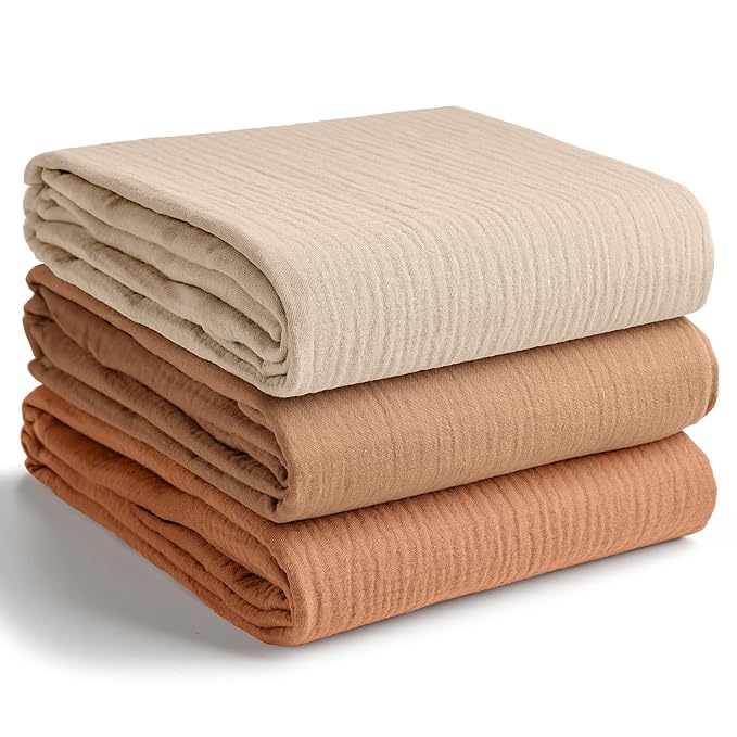 Comfy Cubs Muslin Swaddle Blankets Pack of 3, 42 x 42 Inch Soft 100% Cotton Baby Blanket Set, Large Wraps for Newborns - Self-Soothing Swaddles for Newborns - Sand, Cedar, Caramel