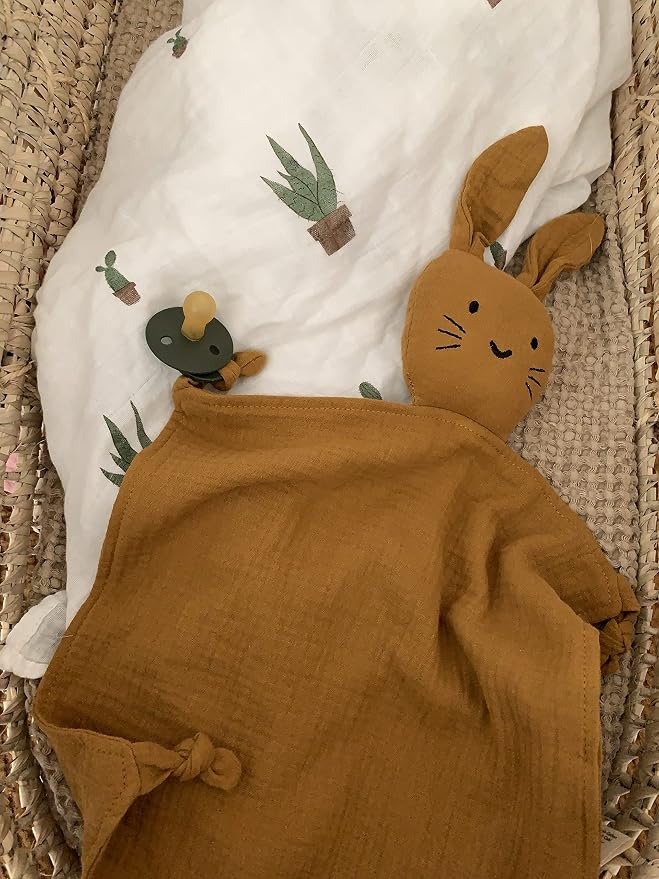 Leyl&Ari Organic Muslin Lovey Blanket | Cotton Bunny Security Blanket for Boys and Girls (Toffee)