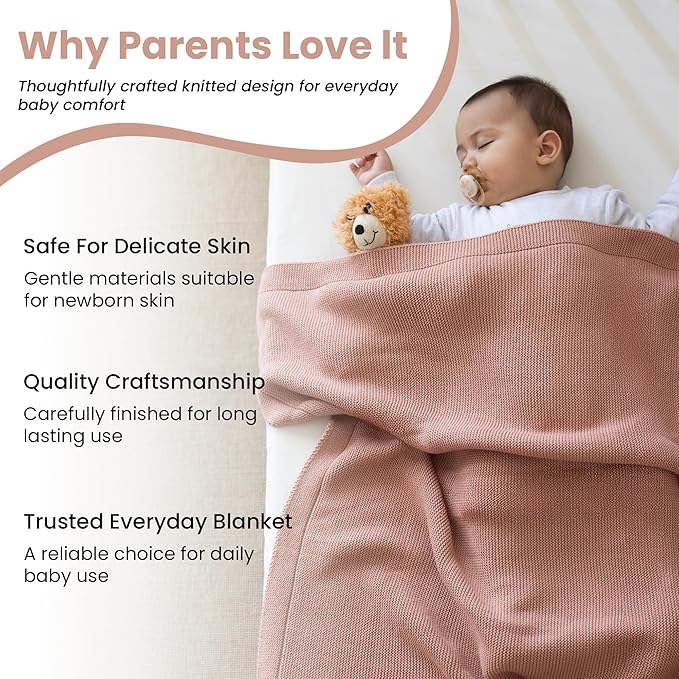 Baby Knitted Blanket ??70% Organic Cotton 30% Tencel??Soft Breathable Swaddle & Receiving Blanket for Newborns ??Crib, Stroller, Toddler Blanket with Gift Box ??30x40 Inch, Misty Rose