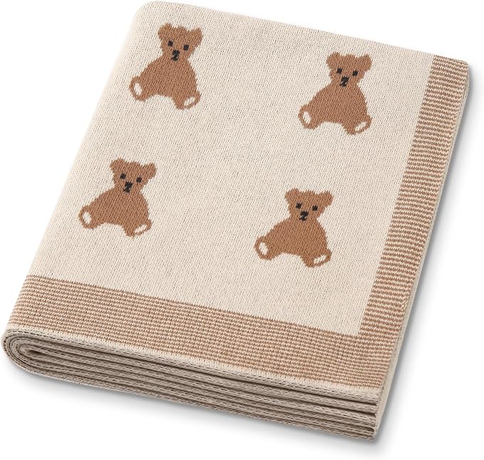 Organic Cotton Baby Blanket - Soft Luxury Knit Receiving Blanket for Newborns & Toddlers, Cozy Breathable Stroller Blanket with Pattern, Unisex, 30x40Inch（Bear-Khaki）