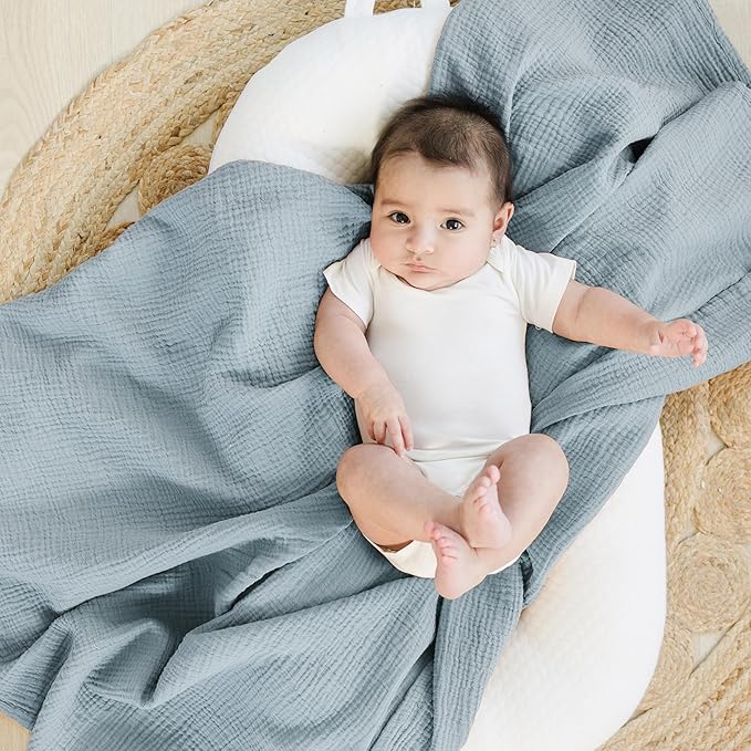 Konssy Muslin Swaddle Blankets for Girls Boys 2 Pack, 100% Cotton Receiving Baby Blanket Large 47 x 47 inches, Soft Breathable Swaddling Wrap for Unisex Newborn (Star,Blue)