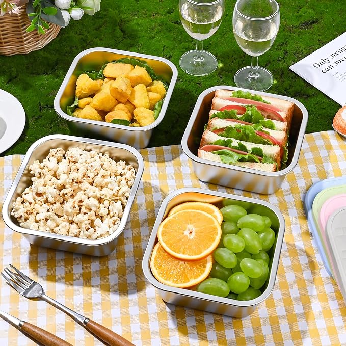 4 Pack Stainless Steel Sandwich Containers with Leakproof Silicone Lids, 32 oz Reusable Metal Lunch Boxes, BPA-Free Food Storage Containers for Meal Prep, Dishwasher Safe for Work & Travel