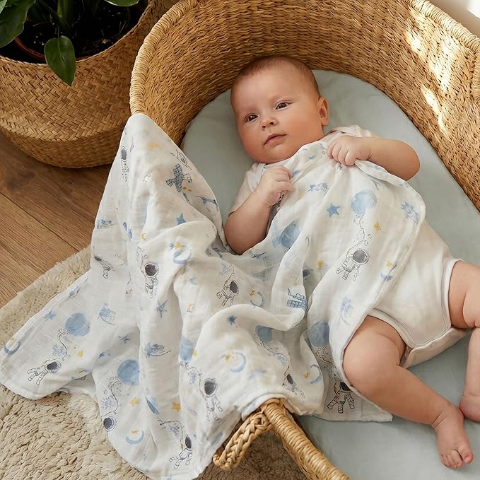 GLLQUEN BABY Receiving Blanket Boy Cotton Muslin Swaddle Blankets Girl Newborn Squares Breathable & Soft Thin Baby Blankets Cloths Double Absorbent Infant Swaddling Wrap - 6 Pack (Blue Astronaut)