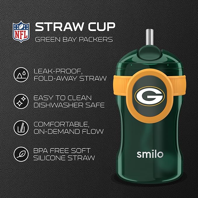 Smilo Straw Cup - Green Bay Packers Officially Licensed NFL Sippy Cup - Baby and Toddler Cup with Weighted Silicone Straw and 8.5 oz Capacity - BPA-Free