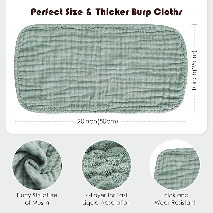 Spotted Play Muslin Burp Cloths 100% Cotton Large 20''x10'' Extra Soft and Absorbent Baby Wash Cloths Spit Up Rags - Baby Burping Cloth for Boys Girls Items(12 Pack Green)