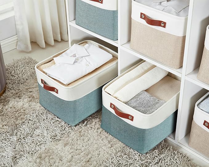 DECOMOMO Storage Baskets for Shelves - Fabric Storage Bins, Linen Closet Organizers and Storage (Green & White, XL - 3 Pack)