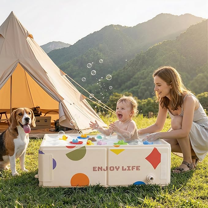 Collapsible Baby Bathtub for Newborn to Toddler, Foldable Toddler Bathtub with Drain Plug, Non-Slip Portable Infant Bath Tub for Travel Storage Outdoor Use, Cream Geometric