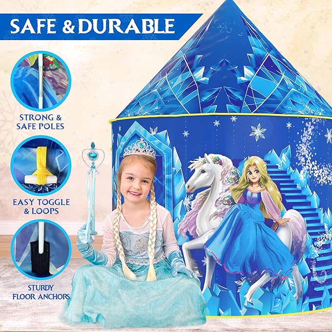 W&O Frozen Princess Tent for Girls with Magical Sound Button, LED Lights, Crown & Wand ??Indoor & Outdoor Frozen Tent for Girls Ages 3-7