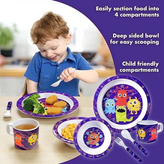 Bentology 5 Pc Mealtime Set for Kids - Monster Theme - Includes Raised Edge Plate & Bowl, Cup, Fork & Spoon- Dishwasher Safe, BPA Free- Cute Durable Dish, Easy Self-Feeding- Gift for Toddlers