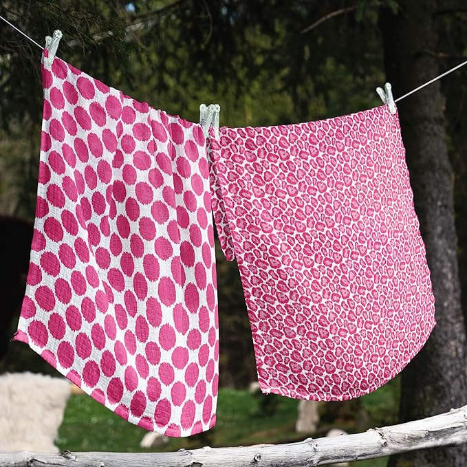 Bacati - 4 Pack Ikat Baby Swaddle Blanket Girls Swaddle Wrap Soft Breathable Cotton Muslin Swaddle Blankets Receiving Blanket for Girls, Large 45 x 45 inches (Dots/Leopard Pink/Grey)