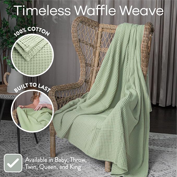 Comfy Cubs Waffle Blanket Queen, 90" x 90" - 100% Cotton Lightweight Breathable Bed Blanket - Soft Textured Thermal Weave for All Seasons – Decorative Cozy Layer for Couch, Sofa, or Bed - Sage