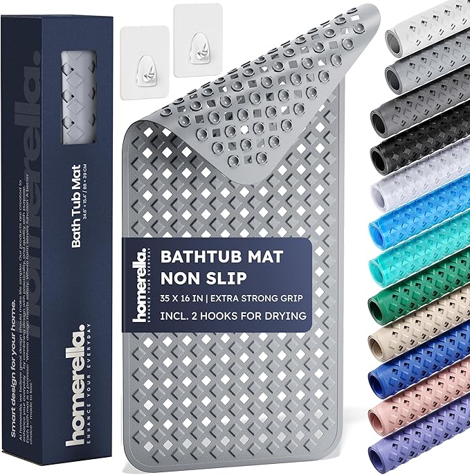Bathtub Mat Non Slip 35x16 - homerella® Bath Mat Incl. Hooks for Drying, Extra Long, 100% BPA Free, Shower Mat Non Slip Anti Mold, Machine Washable, Shower Mats for Inside Shower Mildew Resistant