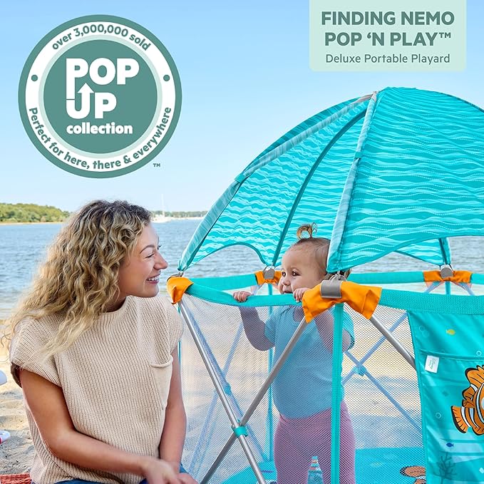 Bright Starts Disney Baby Finding Nemo Pop 'N Play Deluxe Portable Playard, Pop-and-Fold, Baby Beach Tent, UVA/UVB Protection, Indoor/Outdoor, 6 Months+