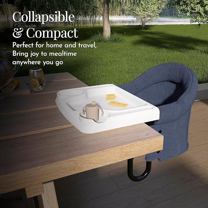 Evolur Clamp-On Comfort Table Chair, Portable Clip-On High Chair for Babies & Toddlers (6??6 Months), Removable Washable Seat Cover, Dishwasher-Safe Tray, Foldable Design with Carry Bag ??Navy