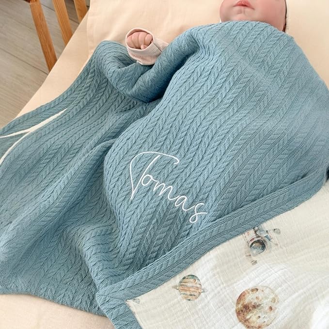 Mouliss Personalized Baby Blanket with Name ??Handmade 100% Organic Cotton Newborn Gift | Custom Knit Blanket for Boys, Girls, Kids & Baby Showers