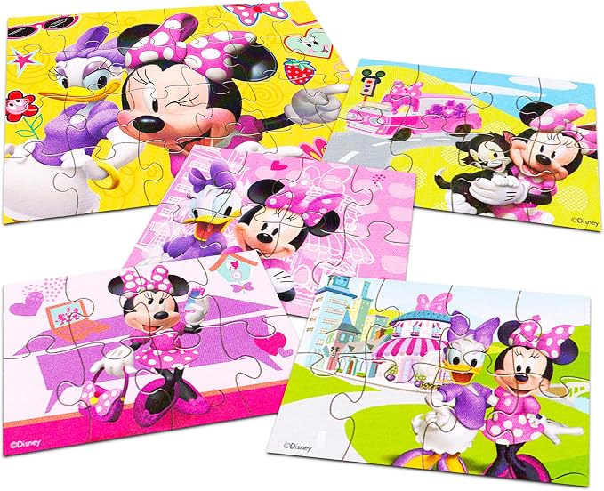 Minnie Mouse Wooden Puzzle 5 Pack - Minnie Mouse Wood Puzzles Bundle with Holding Tray Plus Minnie Stickers and More | Minnie Mouse Jigsaw Puzzles for Kids, Girls