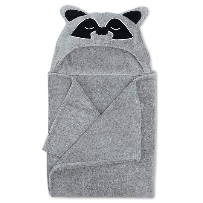 Natemia Premium Ultra Soft Hooded Baby Towel - Grey Raccoon Animal Design - Newborn to Toddler - Made in Turkey