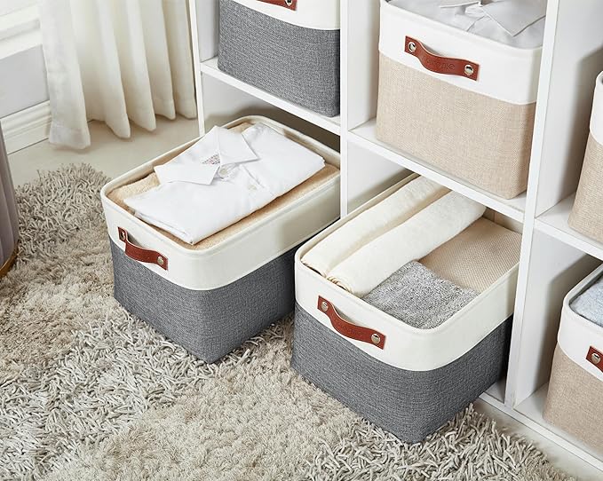 DECOMOMO Storage Baskets for Shelves - Fabric Storage Bins, Linen Closet Organizers and Storage (Slate Grey & White, XL - 3 Pack)