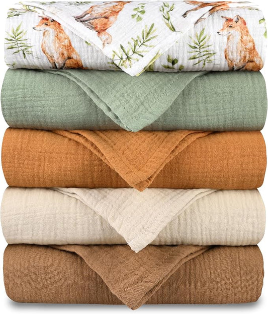 Muslin Receiving Blankets, Neutral Blanket Swaddling for Newborn Boys and Girls, 5 Pack Breathable and Skin-Friendly Swaddle Wrap for Infant Baby (Forest Fox)