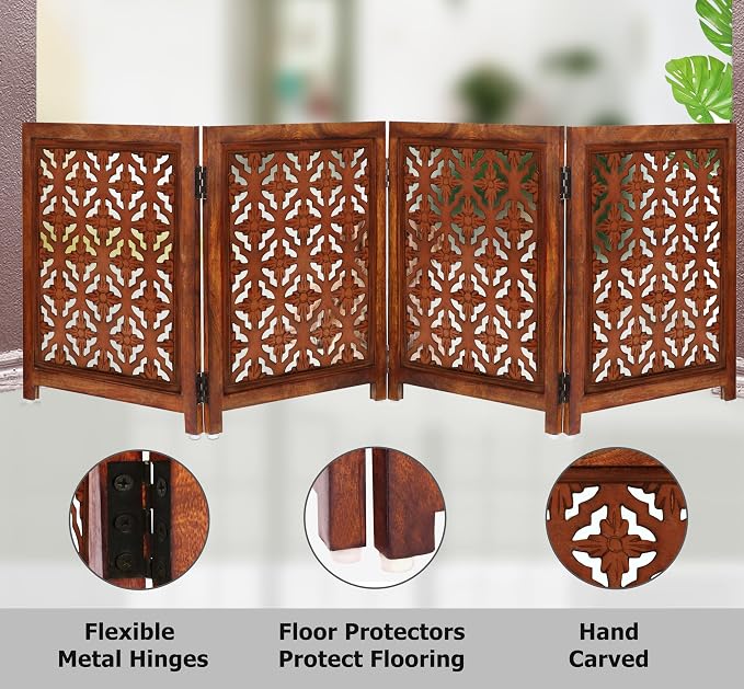 Croft&Cane Wooden Foldable Pet Dog Gate – Hand Carved 4-Panel Freestanding Dog Fence - 80W x 24H - Solid Wood & MDF Indoor Safety Barrier - Doorway Hallway & Stairs Portable Puppy Gate - Warm Walnut