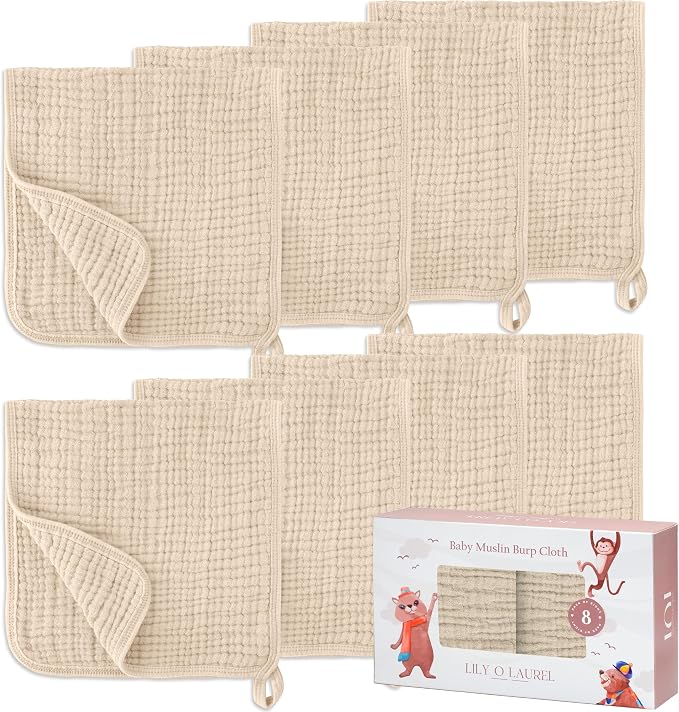 Muslin Burp Cloths, 20"x10"- Pack of 8, 6 Layers Super Soft Absorbent & Breathable 100% Cotton for Baby Drool and Messes, Burp Cloth Baby Boy and Burp Cloths Baby Girl